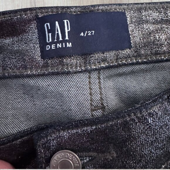 GAP Denim Metallic Silver Shimmer Coated Pencil Skirt Mid Rise Knee Length 4 27 - Picture 4 of 7